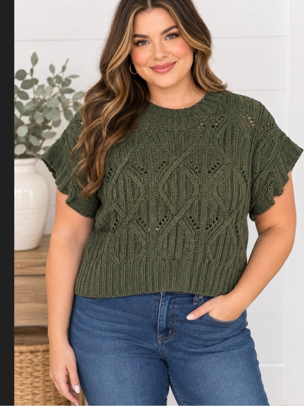 New Zenana Olive Cable Knit Short-Sleeve Sweater Size Medium